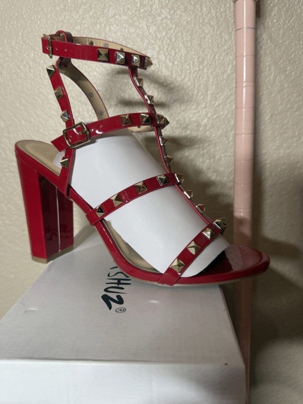 Red Studded T-Strap Block Heel Sandals - Women
